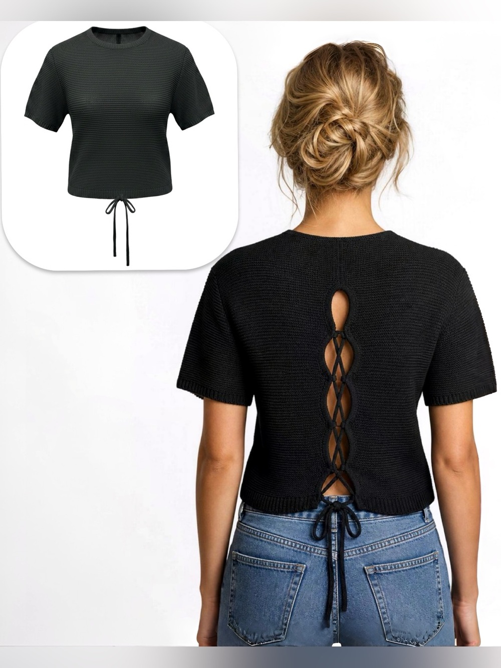 Le Lis Black Short-Sleeve Knit Crop Top with Lace-Up Back
